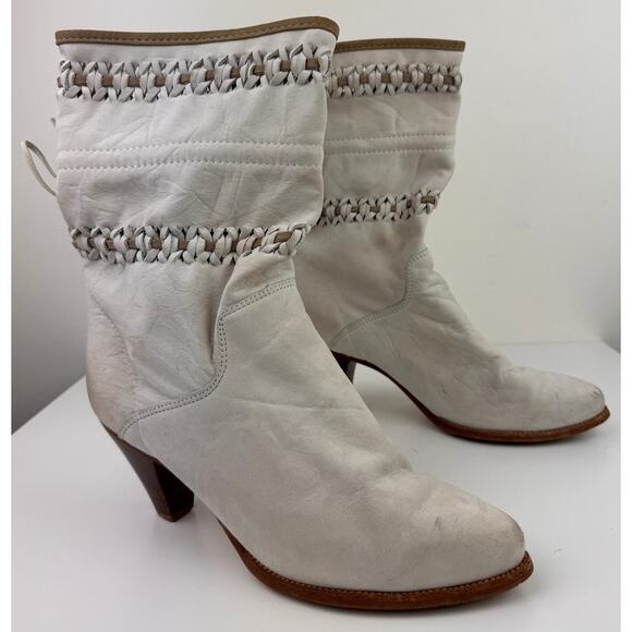 ZODIAC White Leather Almond Toe Woven Self Tie Mid-Calf Bootie Size 8.5 VINTAGE - Picture 2 of 8